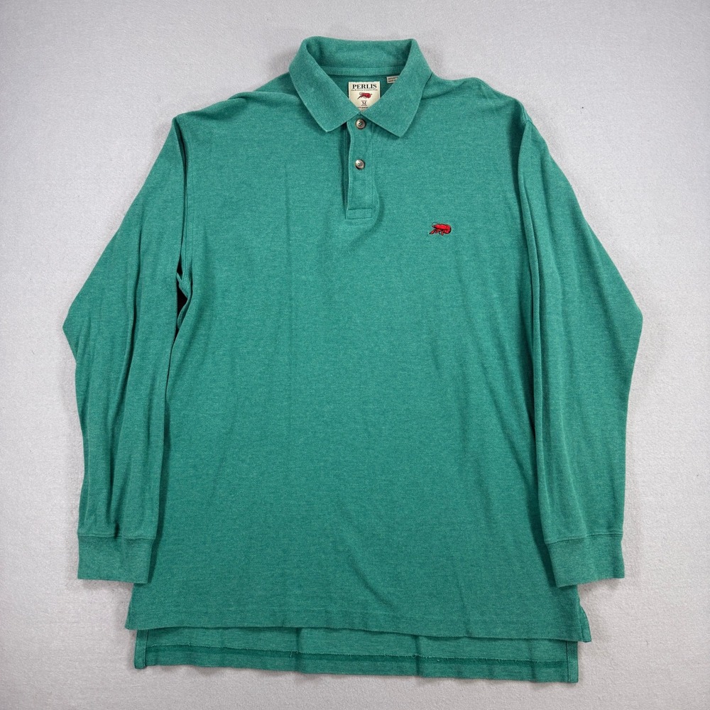 Perlis Polo Shirt Mens Medium Green Long Sleeve Peruvian Cotton Preppy Casual